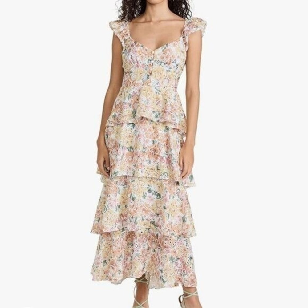 En Saison Pastel Eyelet Midi Dress Ruffle Sleeve Light Pastel Yellow NWT